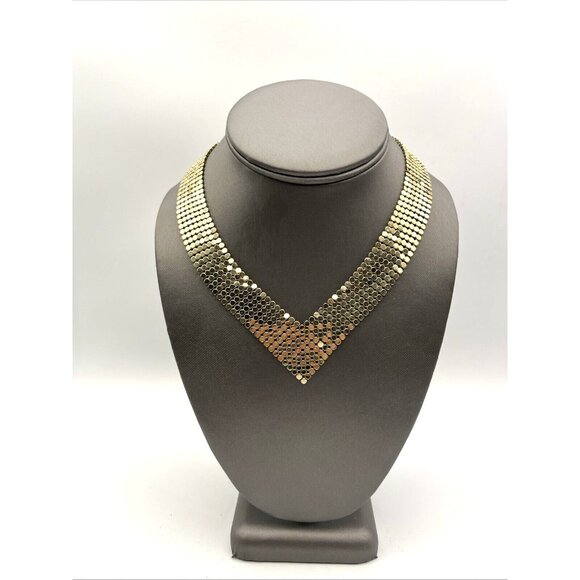 Vintage Mesh V Shaped Collar Necklace Gold Tone 16” - Picture 3 of 6